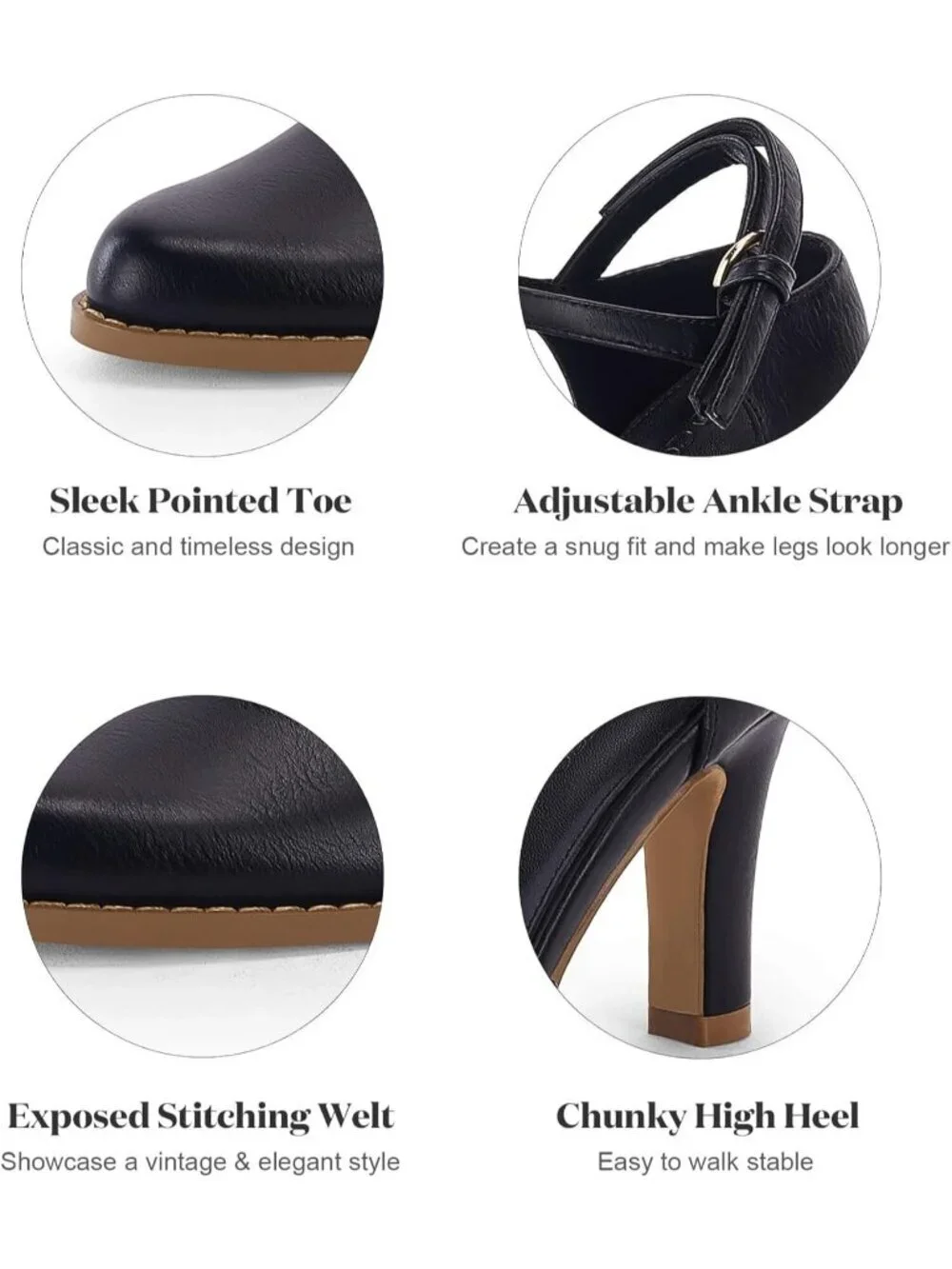 Women's Black Chunky High Heels Closed Pointed Toe Ankle Strap Pumps Party Shoes